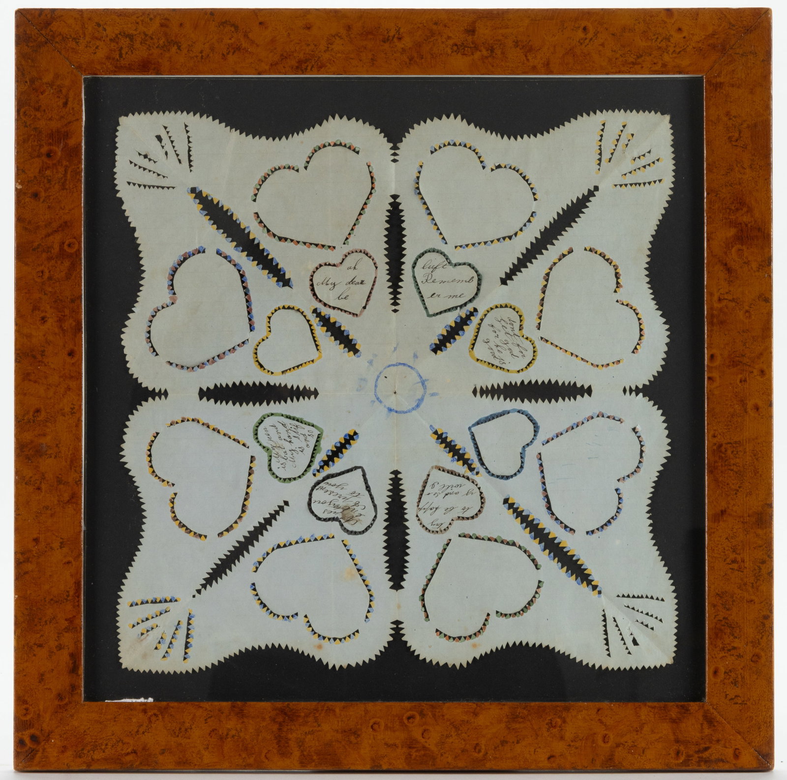 AMERICAN FOLK ART CUT-WORK / SCHERENSCHNITTE VALENTINE: AMERICAN FOLK ART CUT-WORK / SCHERENSCHNITTE VALENTINE, ink and watercolor on ruled paper, depicting sixteen total hearts set within a number of geometric forms. The inner hearts read "try to be 