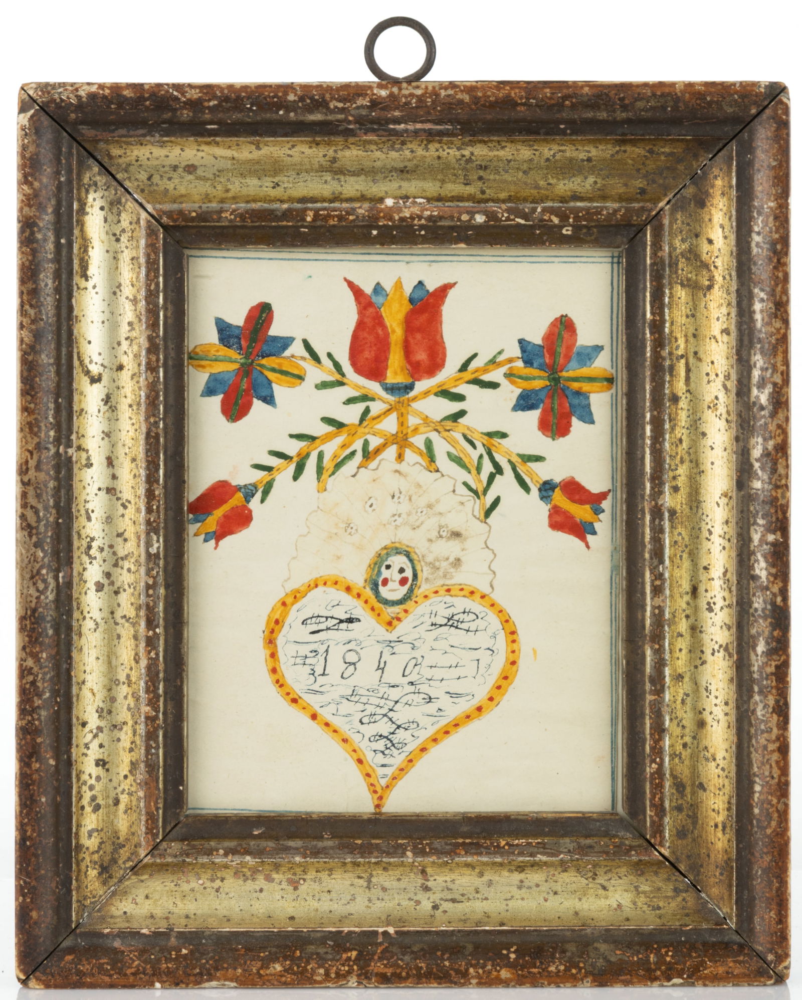 AMERICAN FOLK ART FRAKTUR BOOKPLATE: AMERICAN FOLK ART FRAKTUR BOOKPLATE, watercolor and ink on paper, featuring a stylized flowering tulip device over a heart inscribed "1840". Housed in a 19th century molded giltwood frame. Possibly Pe