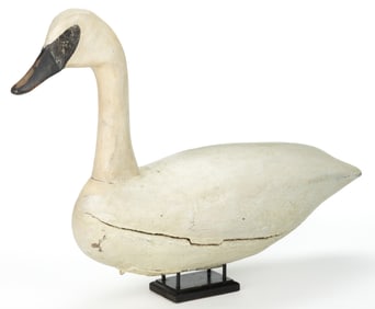 MILES HANCOCK (CHINCOTEAGUE, VIRGINIA, 1887-1974), ATTRIBUTED, FOLK ART CARVED AND PAINTED SWAN