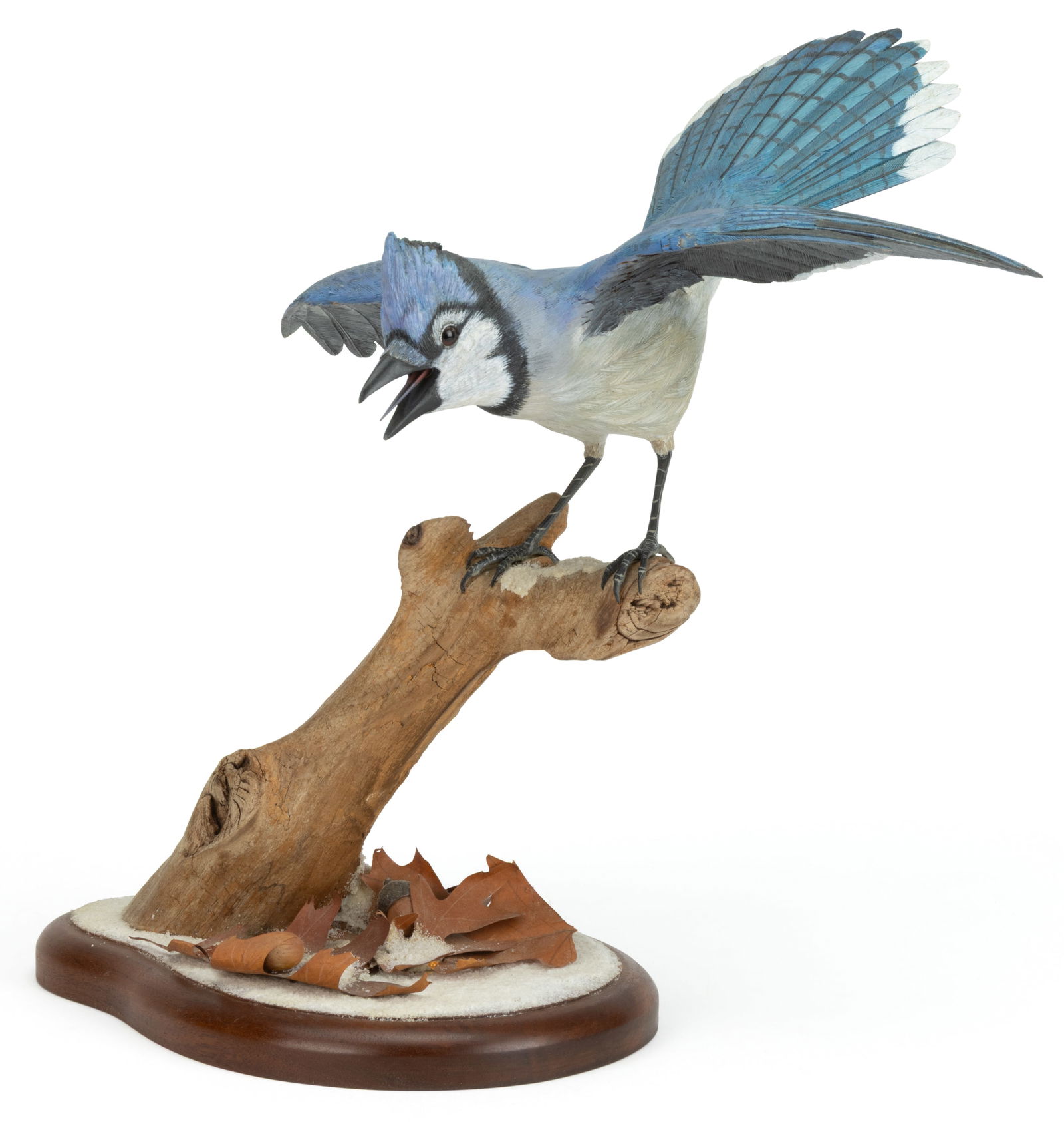 GERRI BUTCHER (AMERICAN, ACTIVE 20TH CENTURY) CARVED AND PAINTED WOODEN FIGURE OF A BLUE JAY: GERRI BUTCHER (AMERICAN, ACTIVE 20TH CENTURY) CARVED AND PAINTED WOODEN FIGURE OF A BLUE JAY, depicting a hyper-realistic blue jay atop a branch, the base with oak leaves and acorns amongst a snow-lik