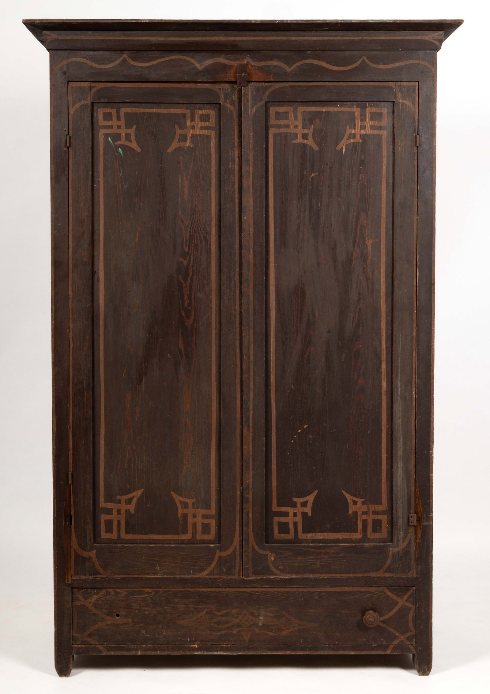 ROCKINGHAM CO., SHENANDOAH VALLEY OF VIRGINIA, PAINT-DECORATED PINE WARDROBE: ROCKINGHAM CO., SHENANDOAH VALLEY OF VIRGINIA, PAINT-DECORATED PINE WARDROBE, paint-decorated yellow pine, the overhanging cornice, comprising two laid boards with chamfered edges having an applied mo