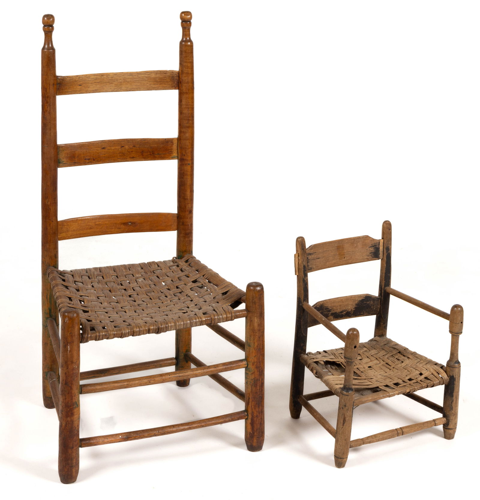 VALLEY OF VIRGINIA LADDER-BACK CHAIR: VALLEY OF VIRGINIA LADDER-BACK CHAIR, maple and white oak, the back with three shaped slats supported by two turned posts topped with ball-form finials, and retains and old, maybe original, finis