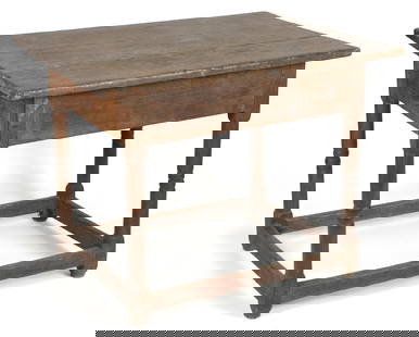 VIRGINIA WILLIAM AND MARY YELLOW PINE TAVERN / WORK TABLE: VIRGINIA WILLIAM AND MARY YELLOW PINE TAVERN / WORK TABLE, with three-board top and turned legs joined with box stretcher, retaining an old refinished surface. Mid 18th century. 27&quot; H, 35&quot; x
