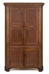 FINE AND RARE UPSTATE SOUTH CAROLINA PAINT-DECORATED YELLOW PINE CORNER CUPBOARD