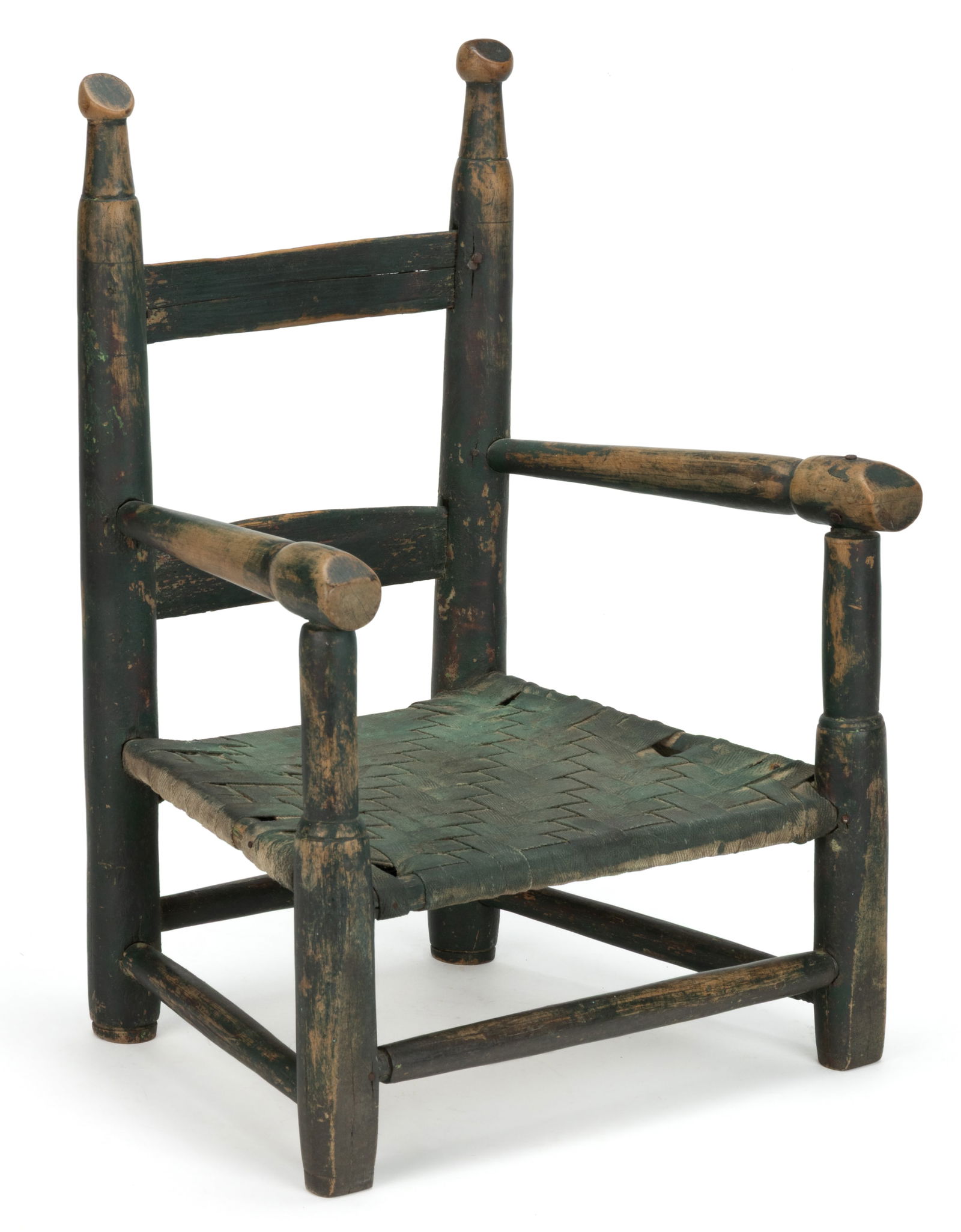 NORTH CAROLINA PAINTED LADDERBACK CHILD'S ARM CHAIR: NORTH CAROLINA PAINTED LADDERBACK CHILD'S ARM CHAIR, maple and oak / hickory, two-slat back with turned finials, posts, and arms, retaining an old woven seat and green-painted surface. Second half