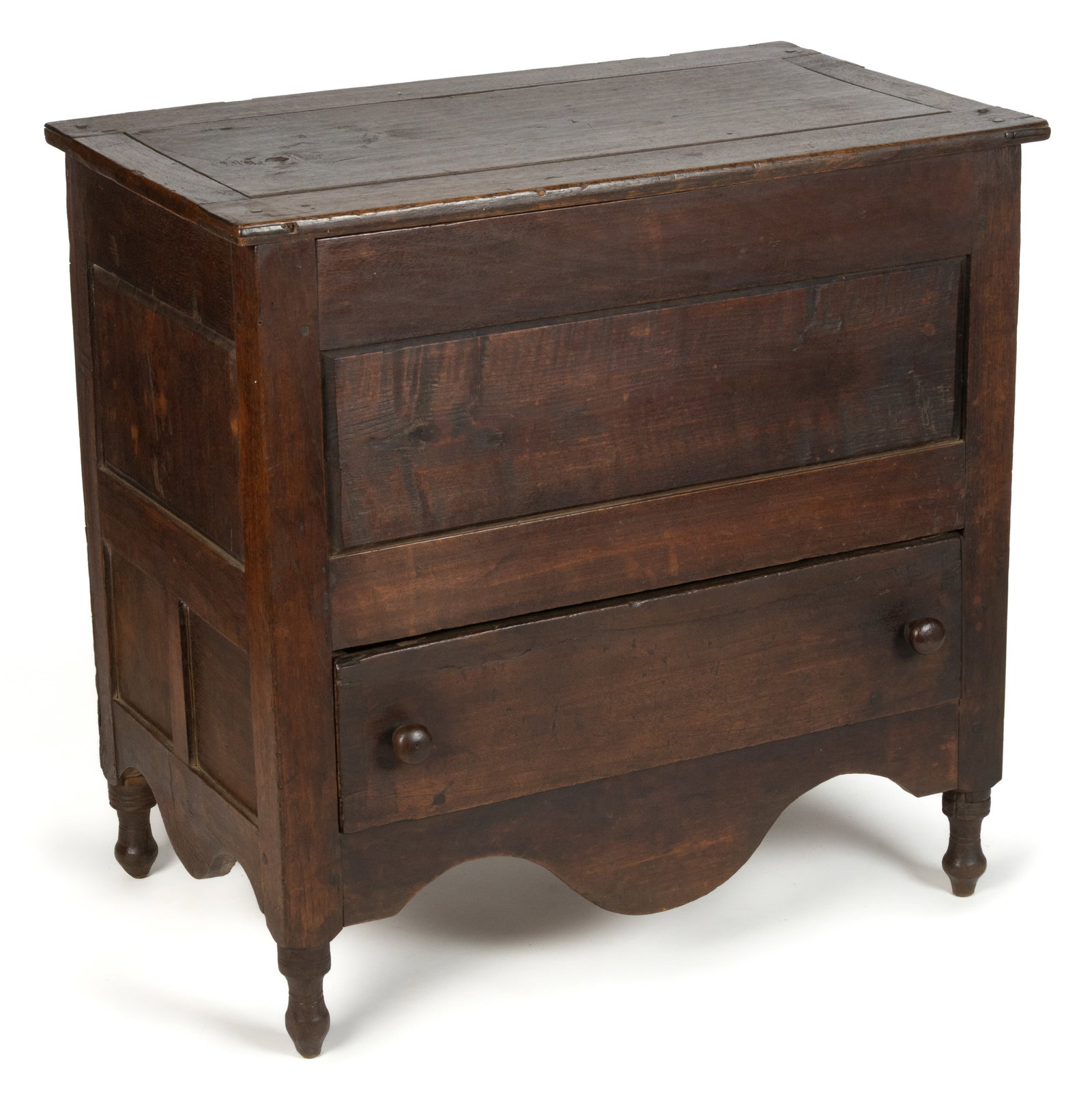 SOUTHERN VERNACULAR WALNUT SUGAR CHEST: SOUTHERN VERNACULAR WALNUT SUGAR CHEST, of post-and-panel construction with a dovetailed back and drawer secured with rose-head nails, the rectangular slightly-overhanging top above an open well and a