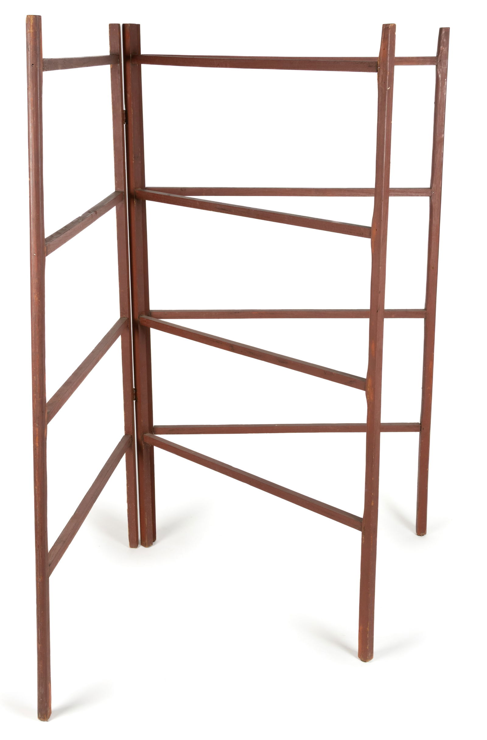 SOUTHERN RED-PAINTED DRYING RACK: SOUTHERN RED-PAINTED DRYING RACK, appears to be oak and yellow pine, retaining likely original red-painted surface. Probably Virginia or North Carolina. Mid 19th century. 60" H, 34" W (