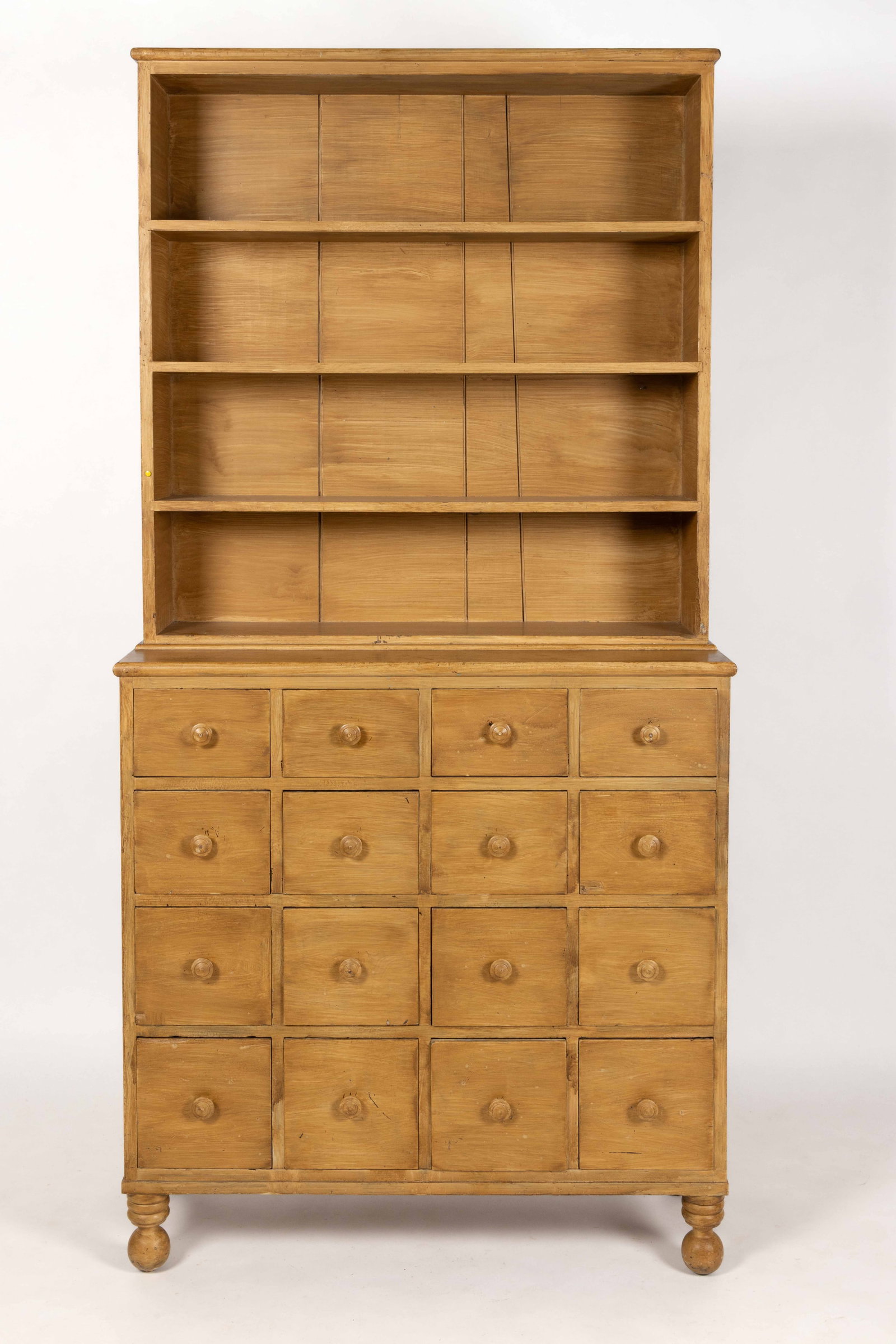 MID-ATLANTIC, POSSIBLY MARYLAND, PAINTED POPLAR APOTHECARY CUPBOARD: MID-ATLANTIC, POSSIBLY MARYLAND, PAINTED POPLAR APOTHECARY CUPBOARD, two-piece construction, the upper case featuring an applied molded cornice over three fixed shelves; the lower case featuring sixte
