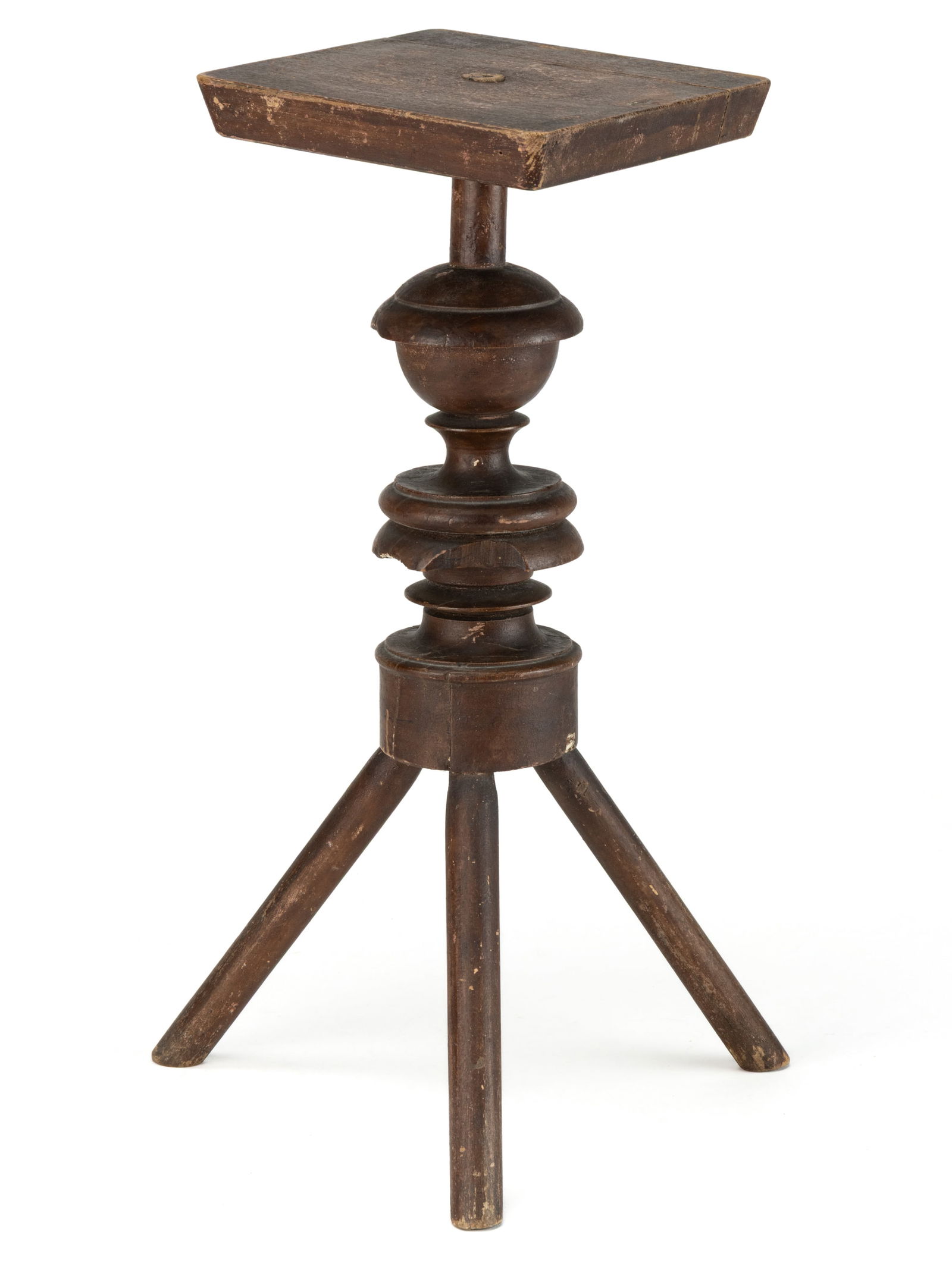 MID-ATLANTIC DIMINUTIVE OAK AND MAPLE PLANT STAND: MID-ATLANTIC DIMINUTIVE OAK AND MAPLE PLANT STAND, the square oak top over a mortised-through central turned maple pedestal which rests on three splayed legs. Retains an early thickly-finished surface
