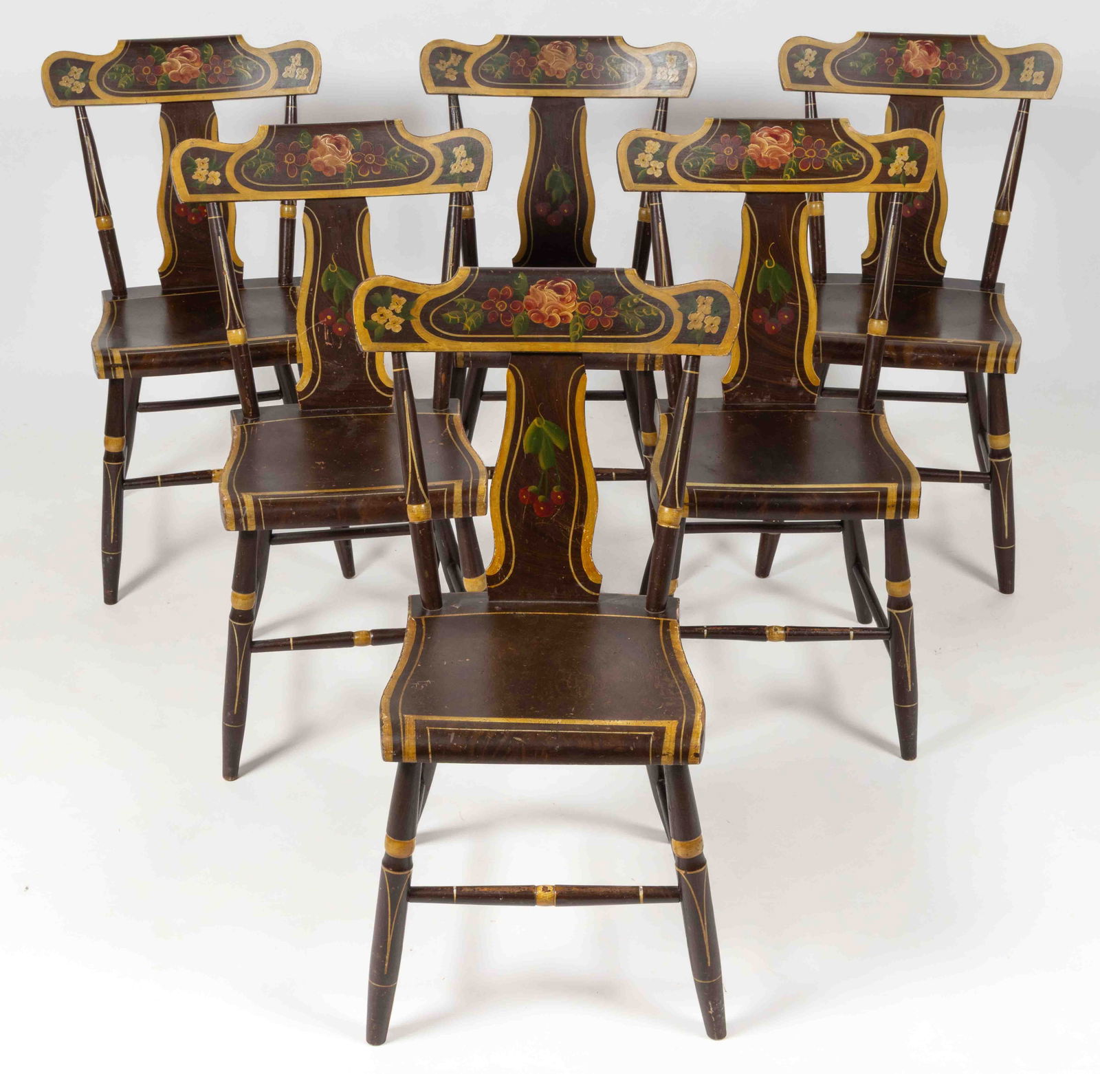 PENNSYLVANIA, POSSIBLY CUMBERLAND CO., PAINTED FANCY CHAIRS, SET OF SIX: PENNSYLVANIA, POSSIBLY CUMBERLAND CO., PAINTED FANCY CHAIRS, SET OF SIX, poplar and maple, the shouldered tablet back over a baluster-form splat flanked by turned posts and a shaped plank bottom,