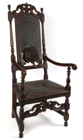 IMPORTANT BOSTON, MASSACHUSETTS WILLIAM & MARY CARVED AND TURNED MAPLE "LEATHER-BACK" ARMCHAIR