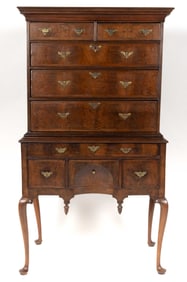 MASSACHUSETTS QUEEN ANNE INLAID BURL WALNUT HIGHBOY