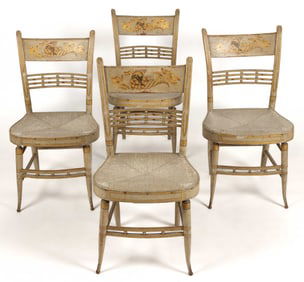NEW ENGLAND, PROBABLY NEW YORK, PAINT-DECORATED BALL-BACK WINDSOR SIDE CHAIRS, SET OF FOUR