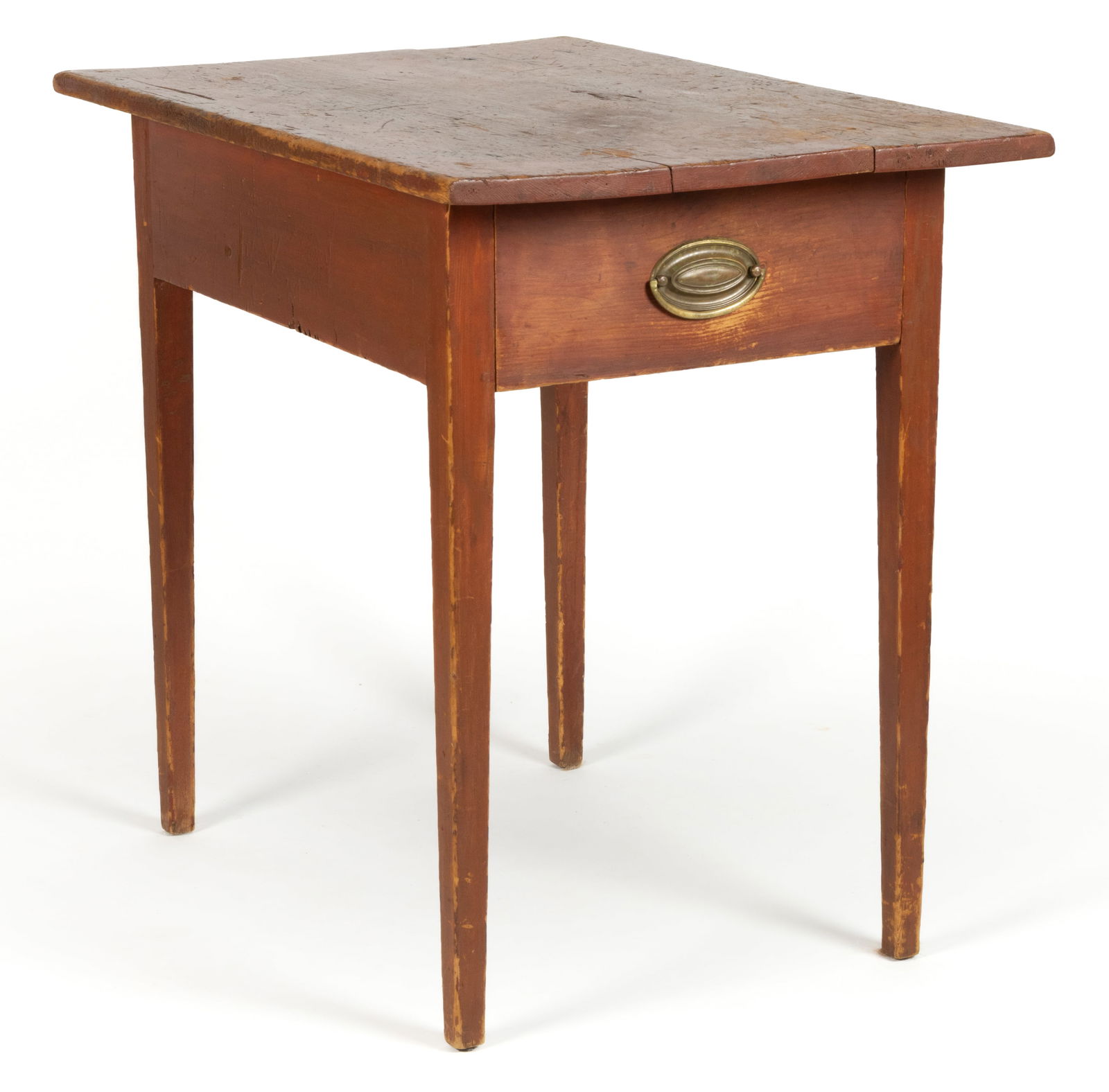 NEW ENGLAND PAINTED PINE STAND / WORK TABLE: NEW ENGLAND PAINTED PINE STAND / WORK TABLE, two-board rectangular top over single full drawer raised on square-tapered legs, retaining old red-painted surface. First quarter 19th century. 27" H,