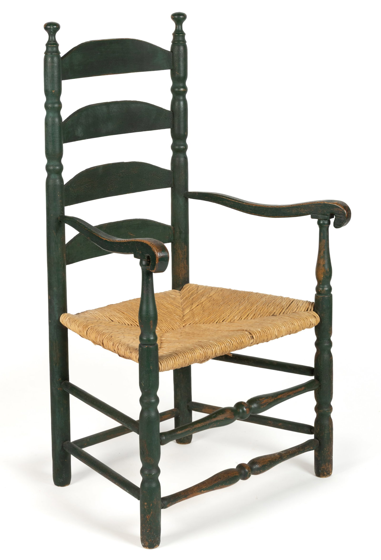 NEW ENGLAND PAINTED LADDERBACK ARM CHAIR: NEW ENGLAND PAINTED LADDERBACK ARM CHAIR, four-slat back, turned posts, woven-rush seat, and double-box stretcher, retaining an old green-painted surface. Late 18th/first quarter 19th century. 41 1/2&