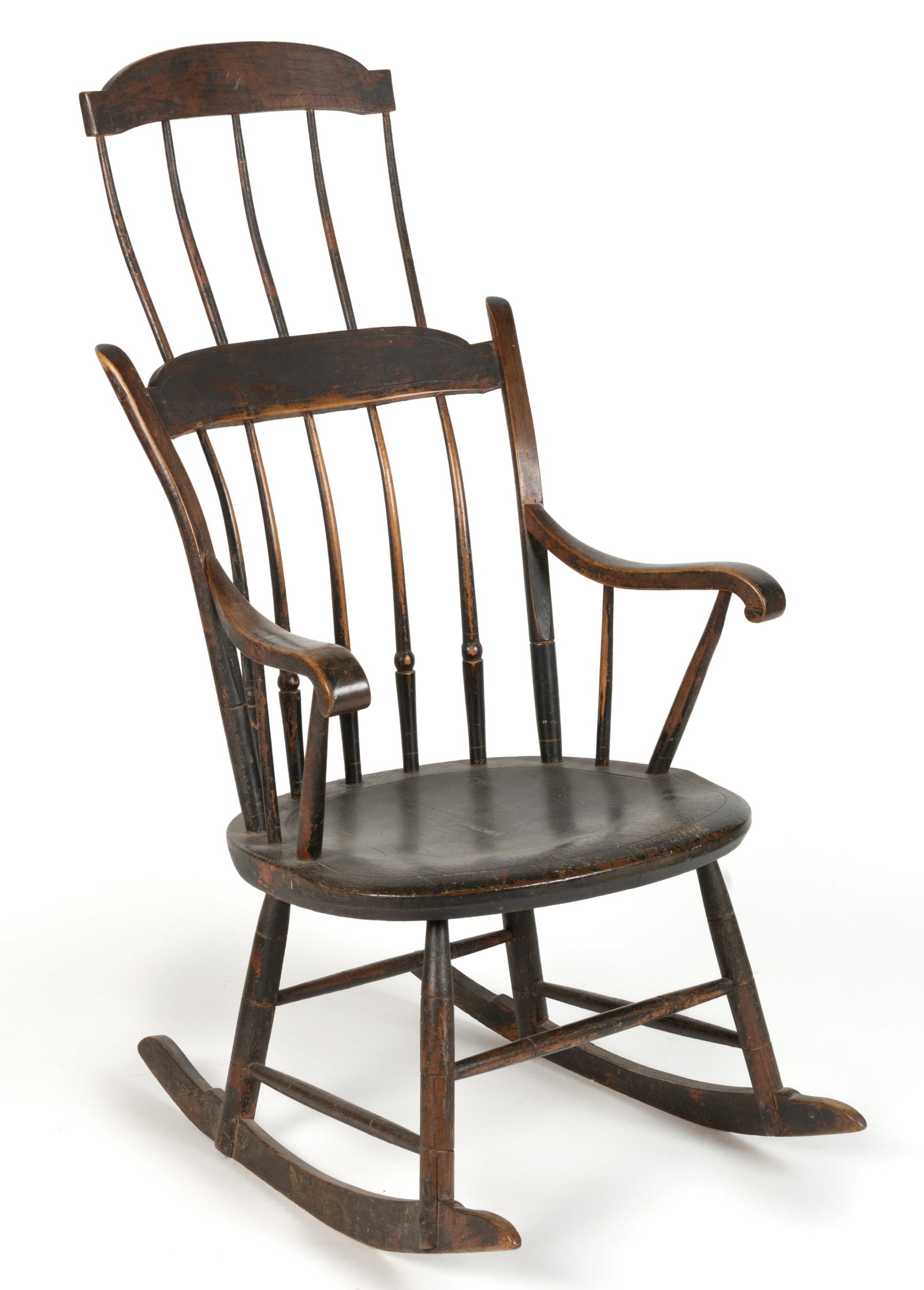 AMERICAN, PROBABLY NEW ENGLAND, PAINT-DECORATED ROCKER / ROCKING ARMCHAIR: AMERICAN, PROBABLY NEW ENGLAND, PAINT-DECORATED ROCKER / ROCKING ARMCHAIR, a five-spindle back supports a shaped tablet, with a five-spindle and shaped tablet headrest above, flanked by shaped ar