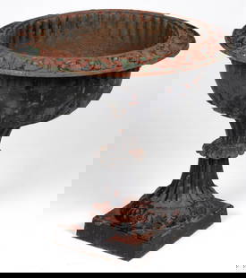 AMERICAN VICTORIAN CAST-IRON GARDEN URN / PLANTER: AMERICAN VICTORIAN CAST-IRON GARDEN URN / PLANTER, the wide shallow upper section is supported by a pedestal base which terminates into a square platform. The whole is decorated with geometric and nat