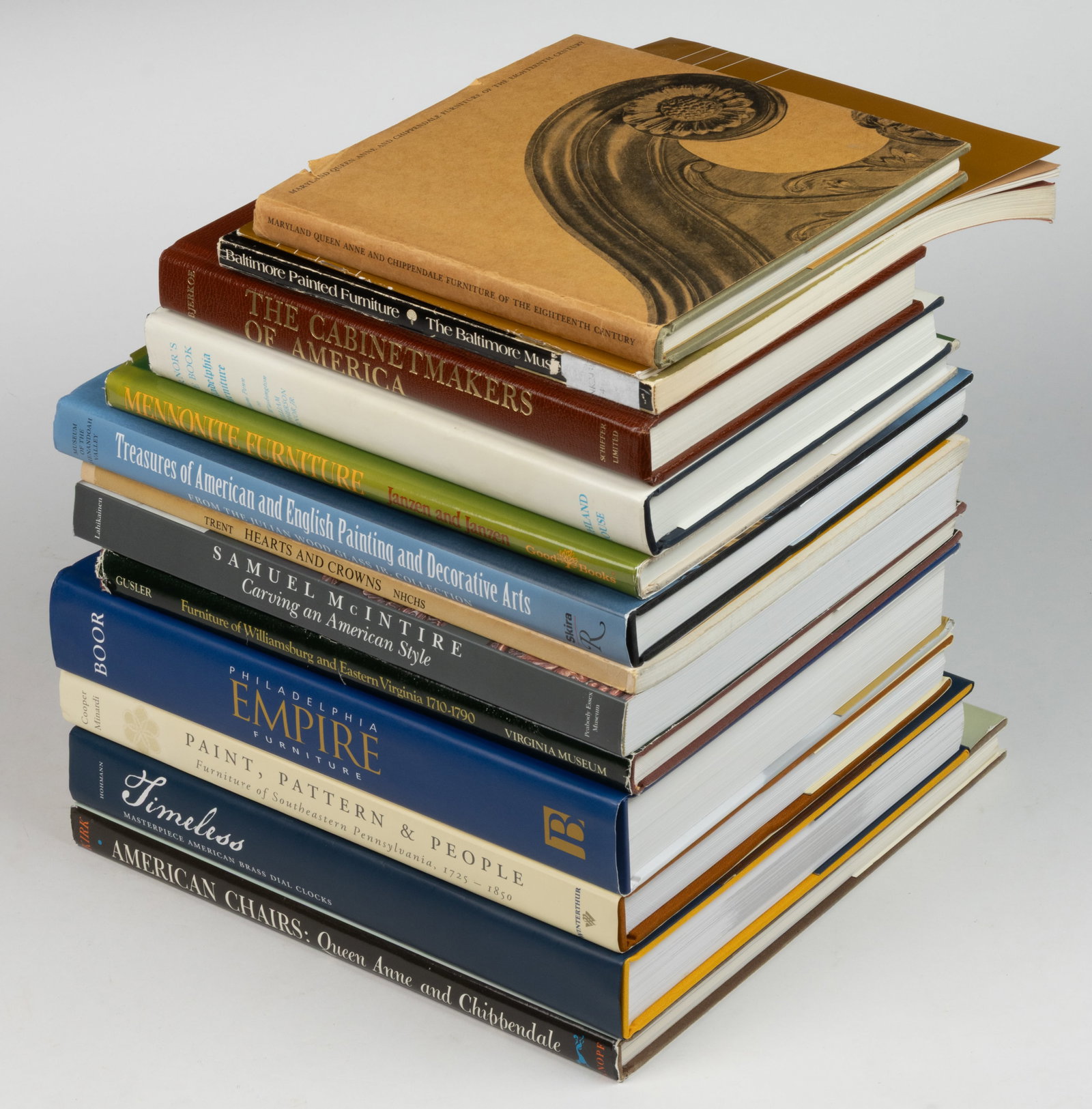 AMERICAN FURNITURE REFERENCE VOLUMES, LOT OF 14: AMERICAN FURNITURE REFERENCE VOLUMES, LOT OF 14, including Elder, Baltimore Painted Furniture, 1800-1840; Lahikainen, Samuel McIntire, Carving an American Style; Trent, Hearts & Crowns: 