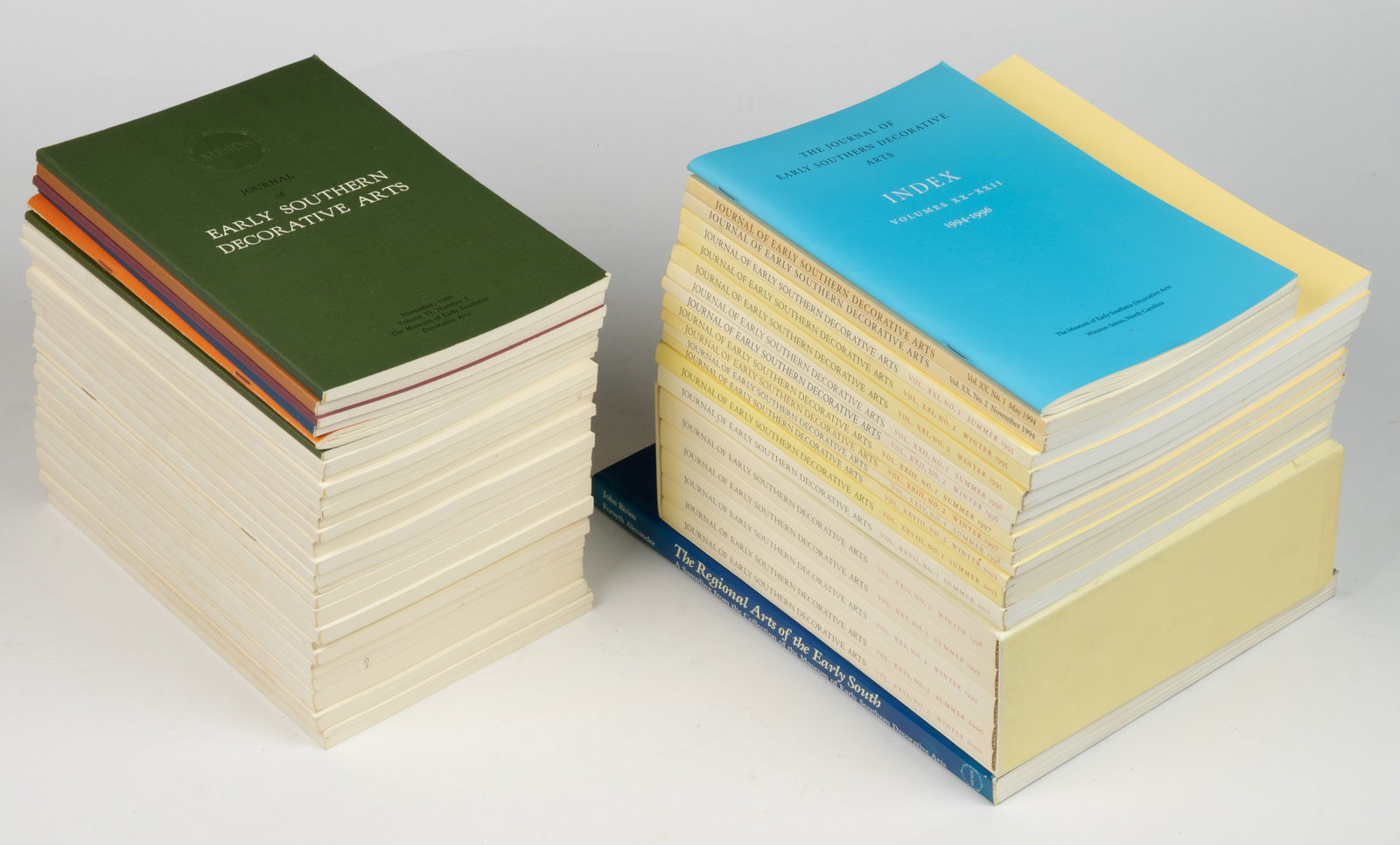 MUSEUM OF EARLY SOUTHERN DECORATIVE ARTS JOURNALS, UNCOUNTED LOT: MUSEUM OF EARLY SOUTHERN DECORATIVE ARTS JOURNALS, UNCOUNTED LOT, more than 45, including a complete set from November 1980 to Winter 2002 and Bivins and Alexander, The Regional Arts of the 
