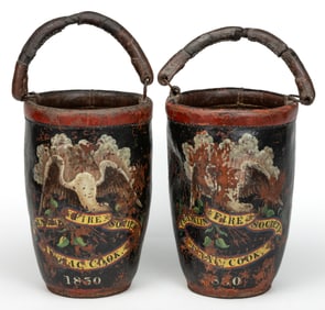 CHARLESTOWN, MASSACHUSETTS PAINTED LEATHER FIRE BUCKETS, PAIR