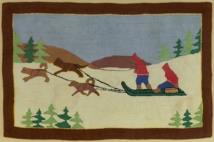 GRENFELL FOLK ART DOG SLED PICTORIAL HOOKED RUG / LARGE-SIZE MAT