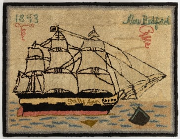 AMERICAN FOLK ART "SALLY ANN" WHALING SHIP PICTORIAL HOOKED RUG