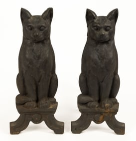 AMERICAN CAST-IRON PAIR OF CAT ANDIRONS