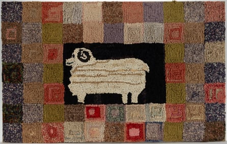 AMERICAN FOLK ART RAM PICTORIAL HOOKED RUG