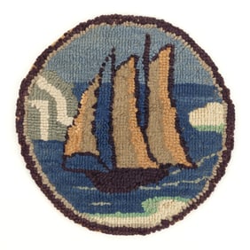 GRENFELL FOLK ART SHIP PICTORIAL DIMINUTIVE HOOKED MAT / TRIVET