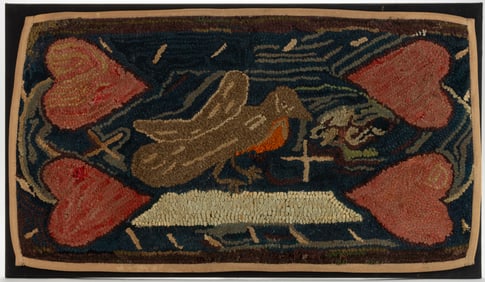 AMERICAN FOLK ART BIRD AND HEARTS PICTORIAL HOOKED RUG