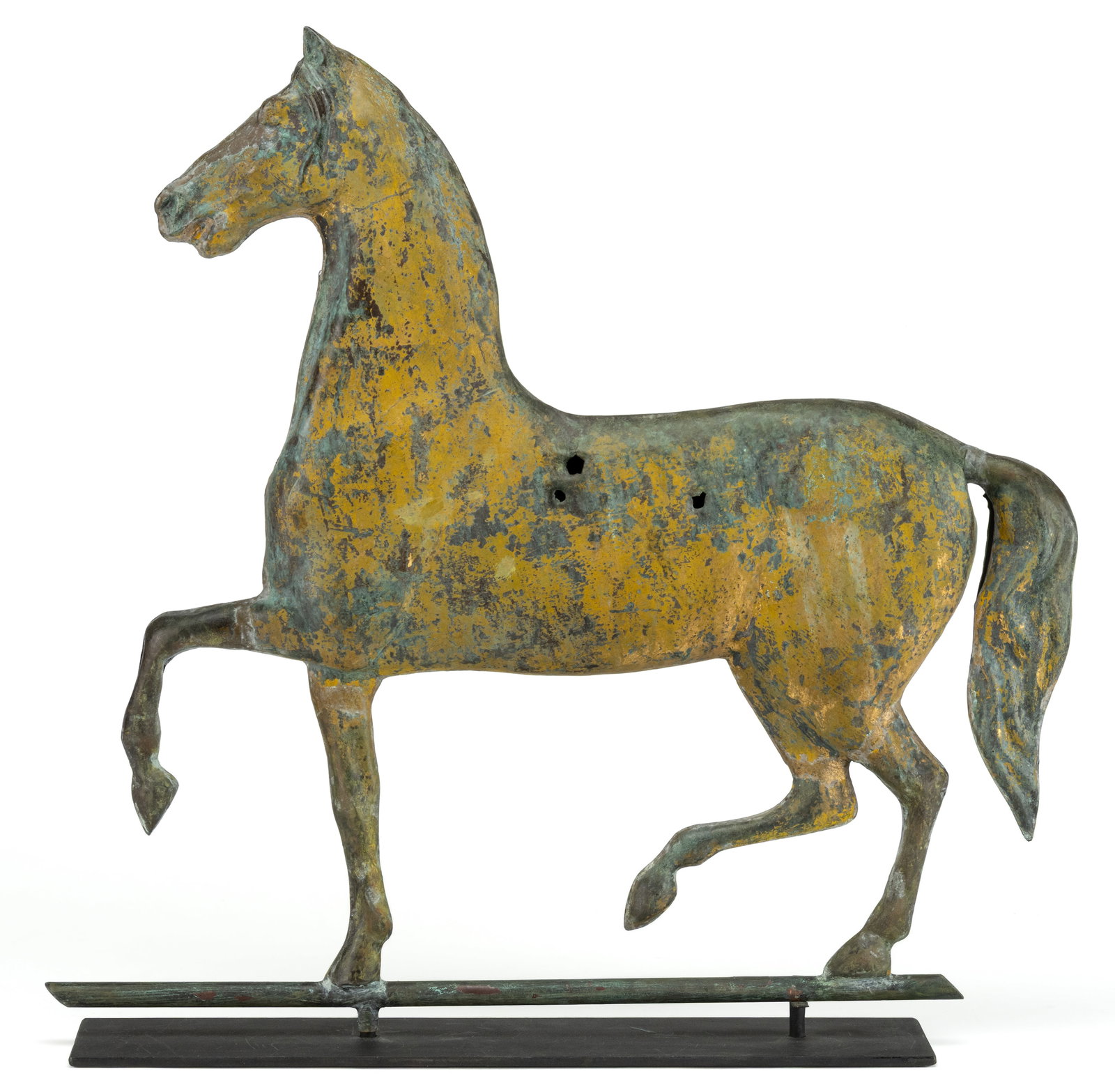 AMERICAN FOLK ART MOLDED-COPPER HOLLOW-BODY PRANCING HORSE WEATHERVANE: AMERICAN FOLK ART MOLDED-COPPER HOLLOW-BODY PRANCING HORSE WEATHERVANE, the fine form retaining early, worn chrome yellow surface over gilt and verdigris, presented on a custom iron stand. Fourth