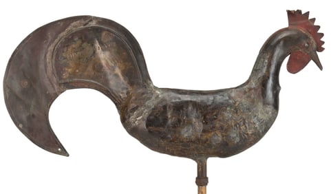 SIGNED FRENCH OR CANADIAN FOLK ART MOLDED-COPPER FULL-BODY ROOSTER WEATHERVANE
