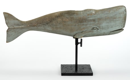 AMERICAN FOLK ART CARVED AND PAINTED WOODEN FIGURAL WHALE WEATHERVANE