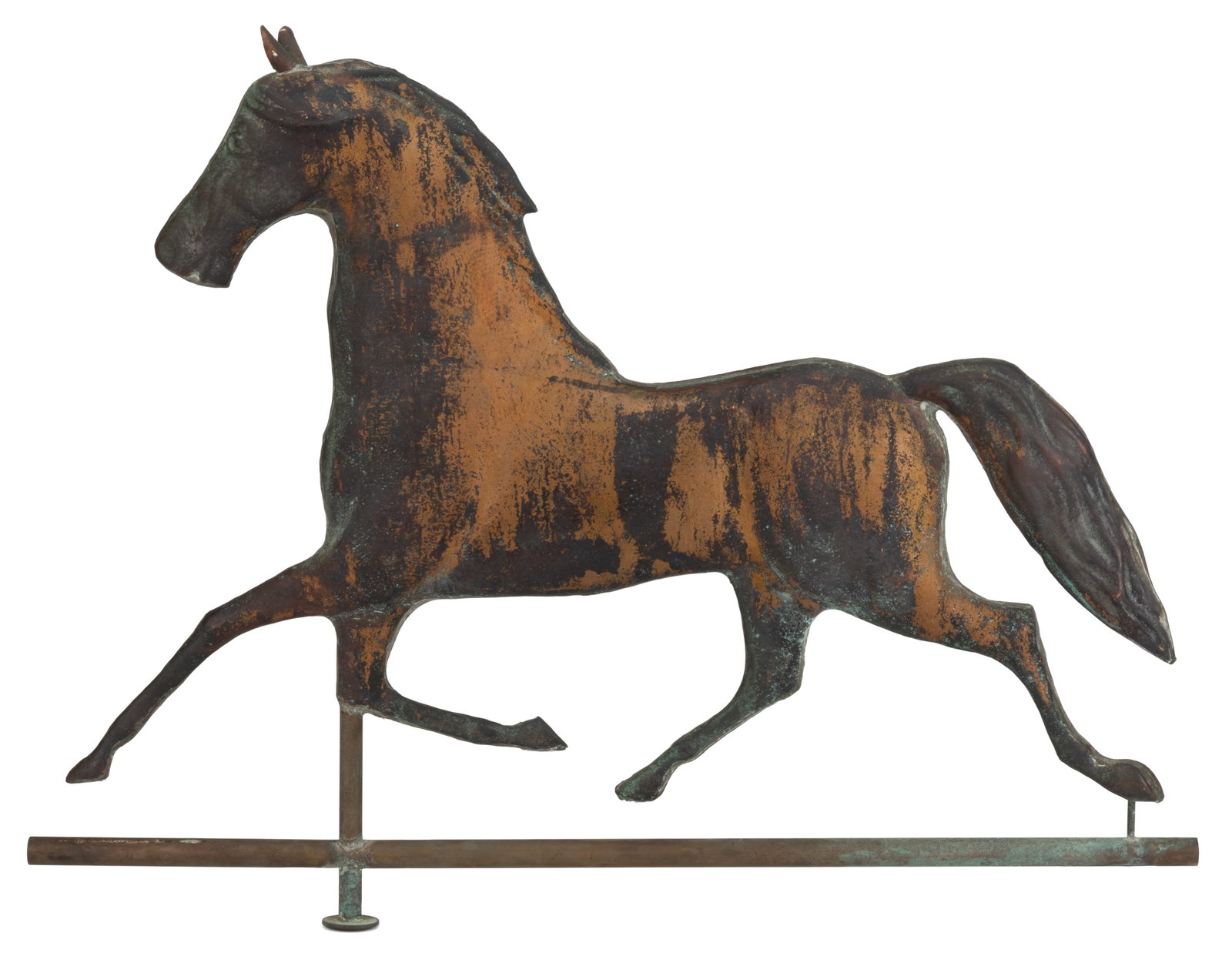 FOLK ART MOLDED-COPPER FULL-BODY RUNNING HORSE WEATHERVANE: FOLK ART MOLDED-COPPER FULL-BODY RUNNING HORSE WEATHERVANE, of two-piece construction with a soldered seam running the full length of the figure, retaining verdigris patination. 20th century. 19 