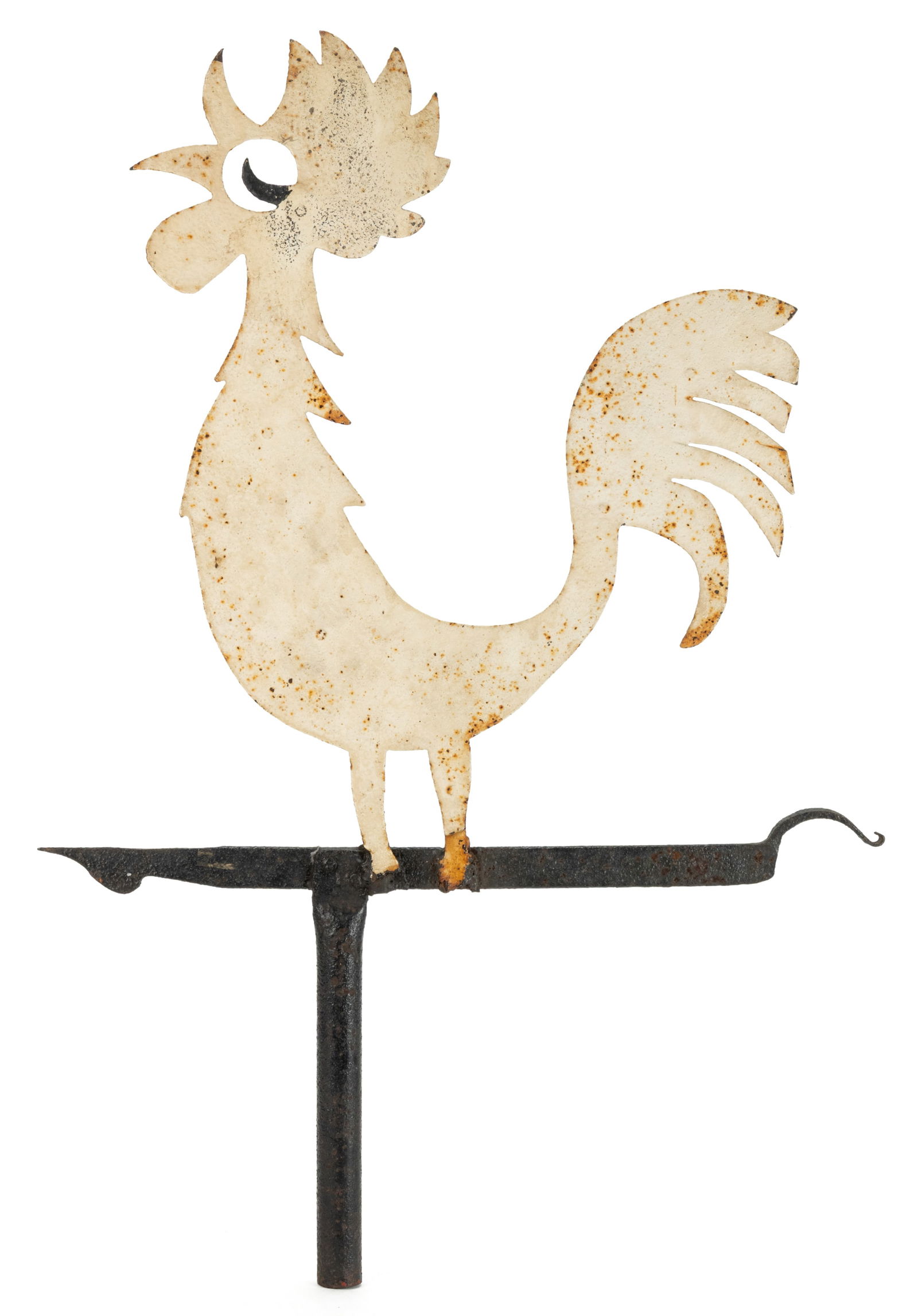 FOLK ART CUT-OUT AND PAINTED SHEET-IRON ROOSTER WEATHERVANE: FOLK ART CUT-OUT AND PAINTED SHEET-IRON ROOSTER WEATHERVANE, of full-body form, depicting a stylized rooster standing atop a directional, the back has a wrought-iron strap added to the back for suppor