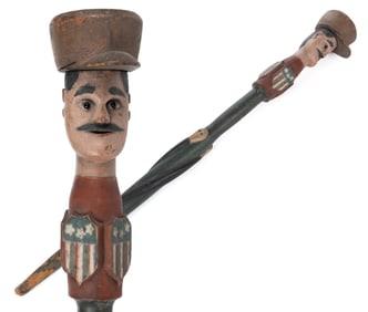 OUTSTANDING AMERICAN FOLK ART CARVED AND PAINTED PATRIOTIC STAFF / WALKING STICK