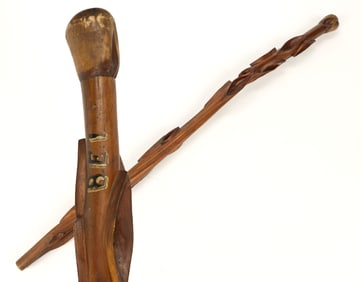 AMERICAN FOLK ART CARVED DIAMOND WILLOW CANE / WALKING STICK