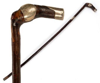 FOLK ART CARVED ROOTS WOOD AND W. H. LYON MAKER STERLING SILVER MASONIC CANE / WALKING STICK