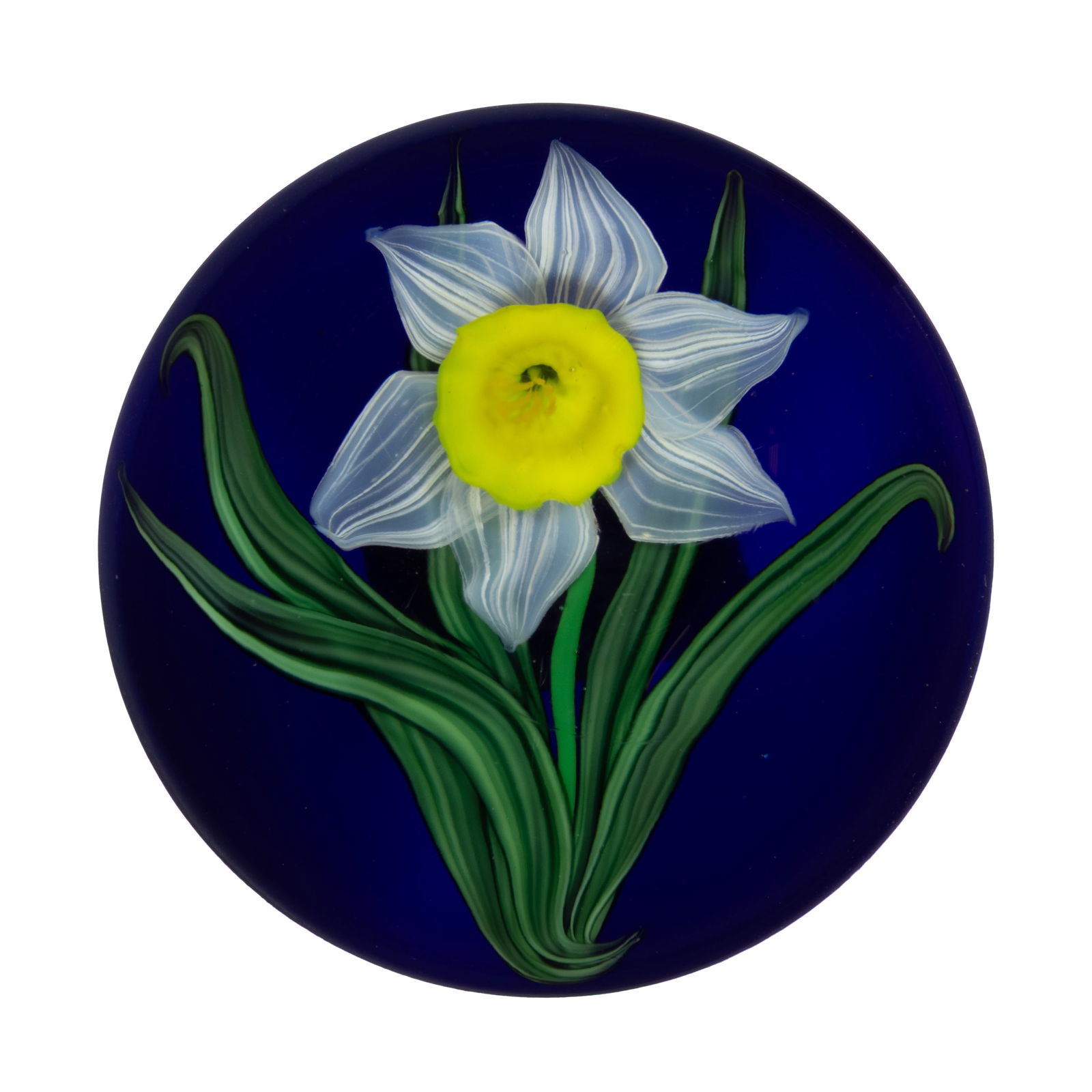 STEVEN LUNDBERG (AMERICAN, 1953-2008) DAFFODIL LAMPWORK STUDIO ART GLASS PAPERWEIGHT