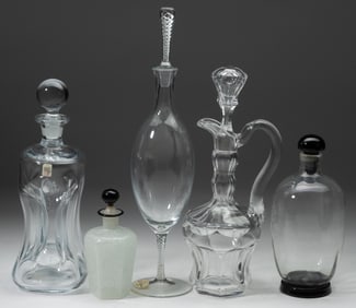 ASSORTED ANTIQUE AND CONTEMPORARY EUROPEAN GLASS DECANTERS, LOT OF FIVE