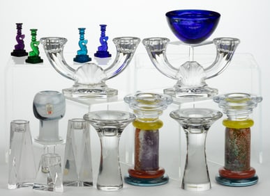 ASSORTED CONTEMPORARY / STUDIO ART GLASS CANDLESTICKS, LOT OF 15
