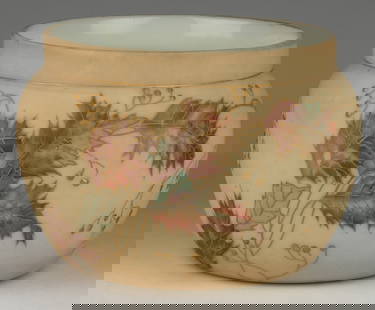 SIGNED MT. WASHINGTON CROWN MILANO ENAMEL-DECORATED ART GLASS JARDINIERE: SIGNED MT. WASHINGTON CROWN MILANO ENAMEL-DECORATED ART GLASS JARDINIERE, satin-finished opaque white/opal with polychrome-enamel and gilt floral and berries decoration, shape no. 598; signed with bla