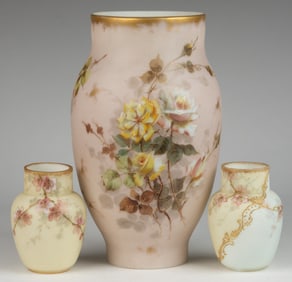 VICTORIAN ENAMEL-DECORATED OPAL ART GLASS VASES, LOT OF THREE