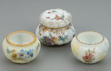 MT. WASHINGTON /SMITH BROTHERS DECORATED OPAL ART GLASS ARTICLES, LOT OF THREE