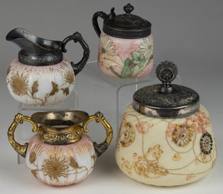 MT. WASHINGTON ENAMEL-DECORATED ART GLASS TABLE ARTICLES, LOT OF FOUR