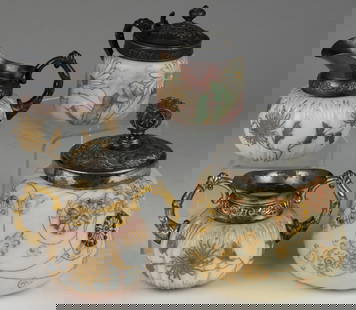 MT. WASHINGTON ENAMEL-DECORATED ART GLASS TABLE ARTICLES, LOT OF FOUR: MT. WASHINGTON ENAMEL-DECORATED ART GLASS TABLE ARTICLES, LOT OF FOUR, glossy or satin-finished opaque white/opal with various hand-painted polychrome-enamel floral decorations, comprising a pink-grou