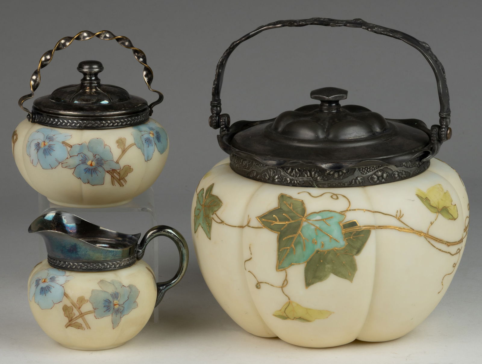 SMITH BROTHERS ENAMEL-DECORATED OPAL ART GLASS TABLE ARTICLES, LOT OF THREE (1 of 1)