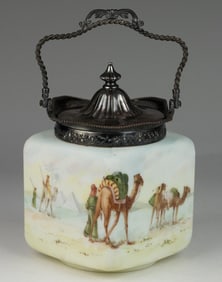 MT. WASHINGTON / PAIRPOINT ART GLASS EGYPTIAN / CAMEL DECORATED CRACKER JAR