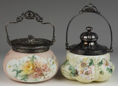 MT. WASHINGTON ART GLASS ENAMEL-DECORATED BISCUIT / CRACKER JARS, LOT OF TWO