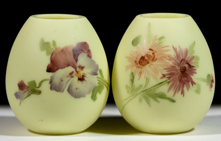 MT. WASHINGTON UNFIRED BURMESE / OPAQUE VASELINE FLOWER VASES, LOT OF TWO